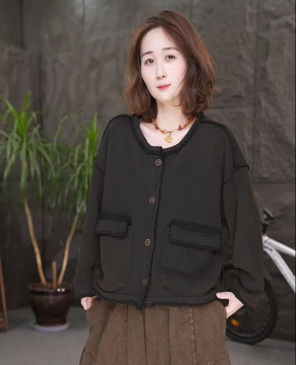 纯棉高克重开衫外套秋装百搭纯色圆领上衣2025新款女装休闲上衣QQ