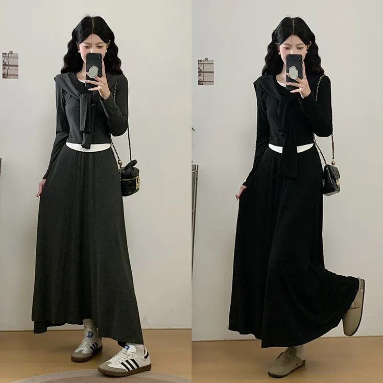 2025秋装新款胖mm大码女休闲撞色披肩长袖上衣半身裙套装气质时尚