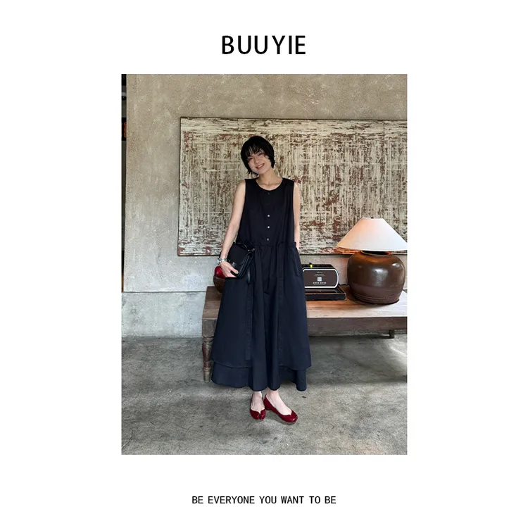 BUUYIE 25SS【枕书】长款宽松无袖棉麻背心连衣裙 250713