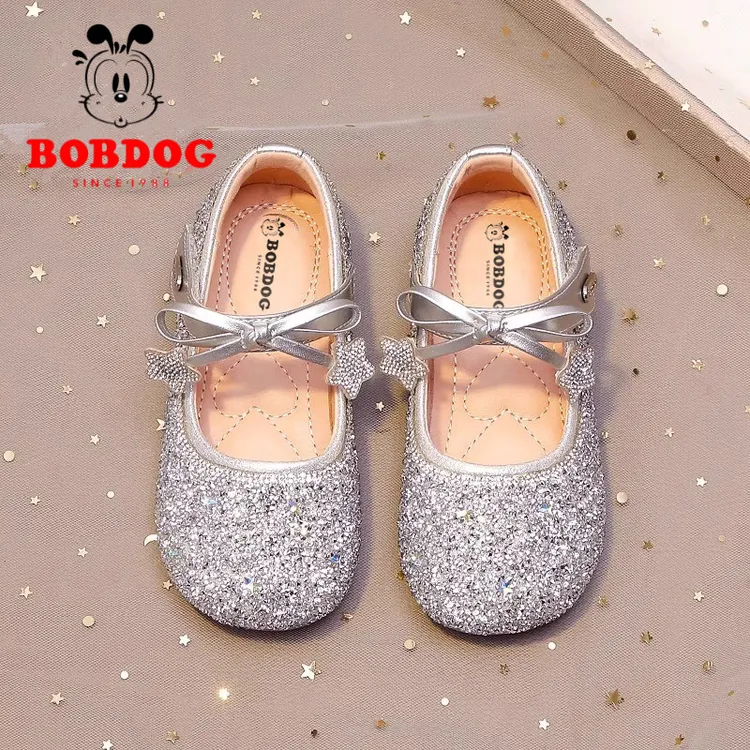 巴布豆女童银色水晶鞋春秋款公主鞋配礼服软底女宝宝闪亮演出皮鞋