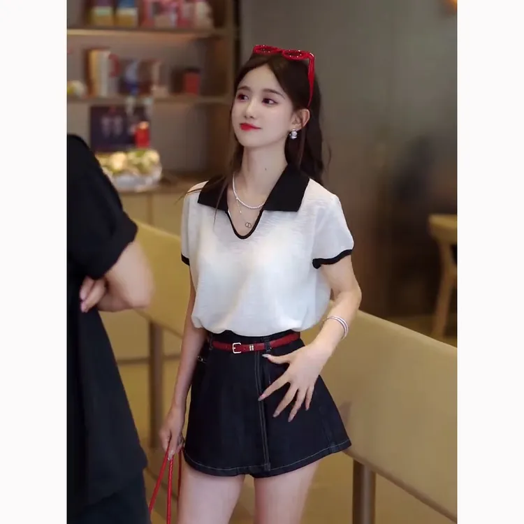 夏季时尚穿搭一整套2025年新款韩系百搭短袖上衣显瘦裙裤两件套装
