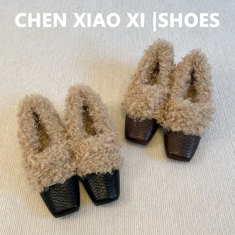 牛皮版~秋冬加绒保暖棉鞋方头平底单鞋女一脚蹬女鞋内增高毛毛鞋