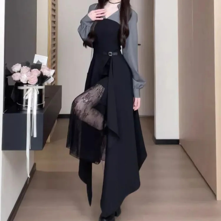 早秋流行长袖衬衫裙蕾丝拼接不规则长裙假两件连衣裙女