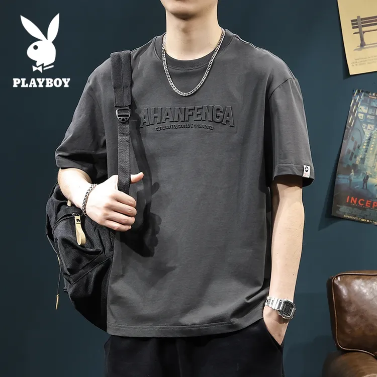 花花公子重磅短袖t恤男士半袖上衣潮牌宽松新款夏装体恤男款透气