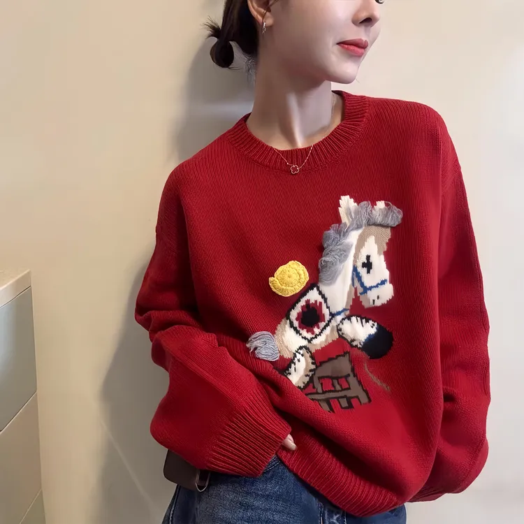 小马提花圆领红色慵懒针织衫毛衣女秋冬新款时尚设计感软糯上衣