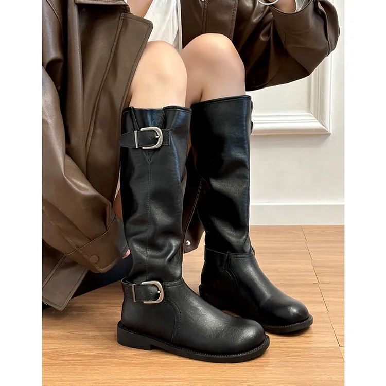牛皮版~真皮厚底英伦风皮带扣中筒堆堆靴骑行靴女覆古圆头长筒靴
