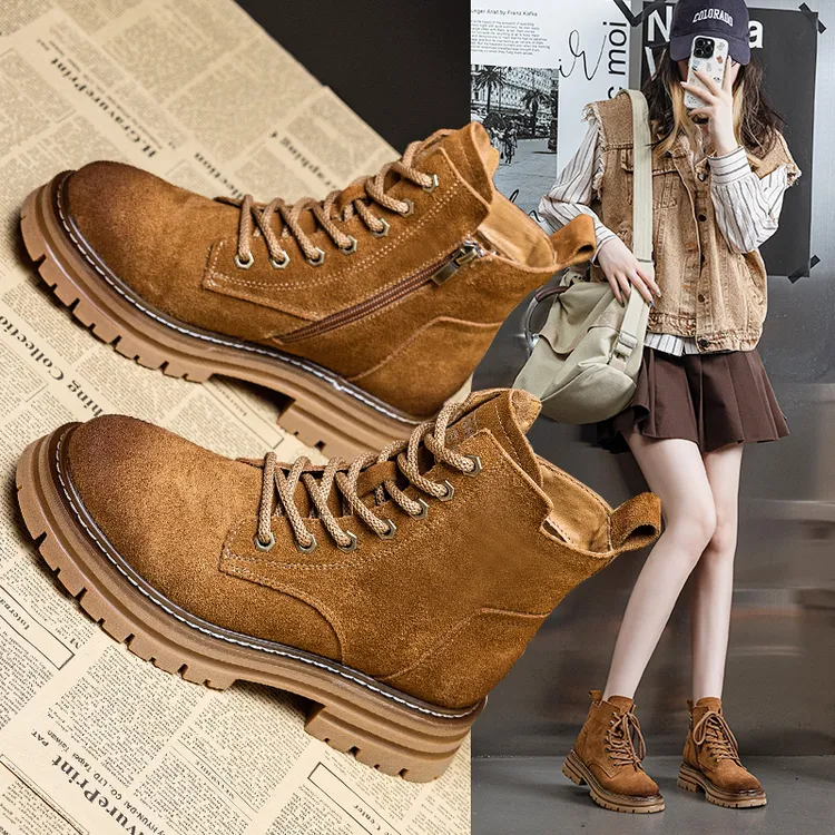 真皮马丁靴女大黄靴秋冬加绒复古百搭磨砂短靴厚底增高女款工装靴