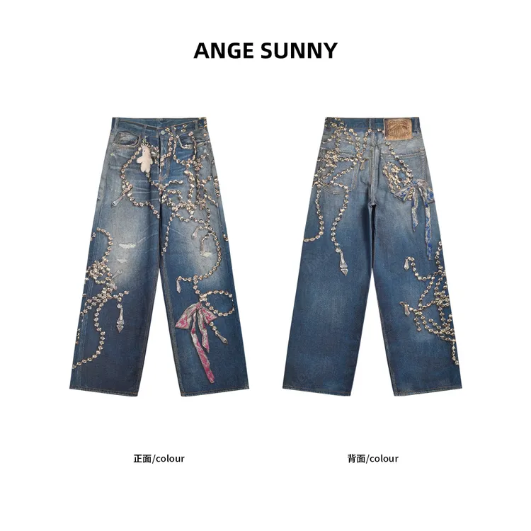 曲阳 ANGE SUNNY【Ac1981水晶印花牛仔裤】潮流印花直筒阔腿裤