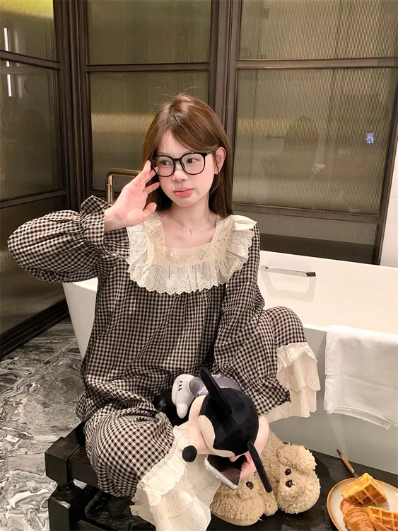 韩系甜美可爱重工蕾丝花边方领格子纯棉睡衣女秋季新款家居服套装