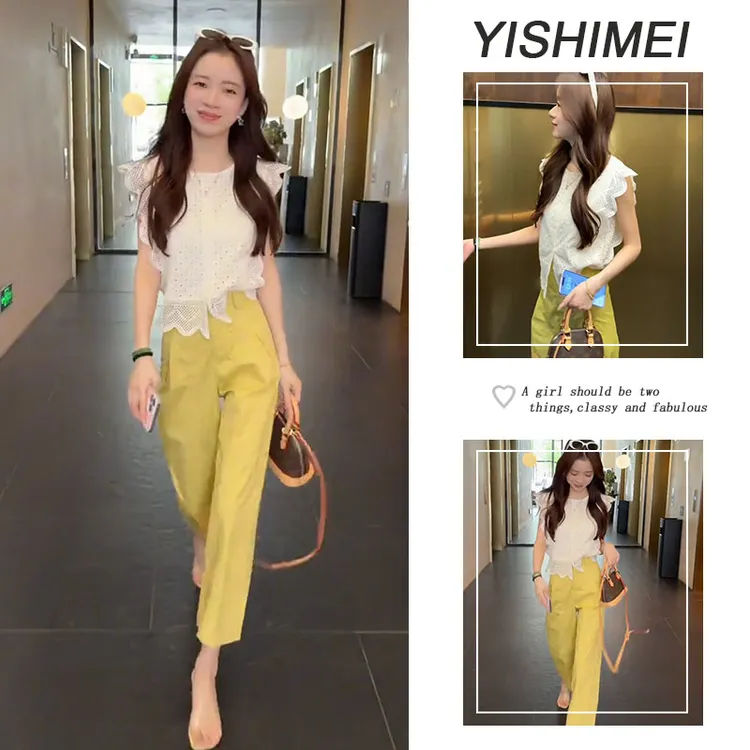夏季温柔穿搭2025年新款韩系百搭简约小飞袖上衣显瘦休闲裤两件套