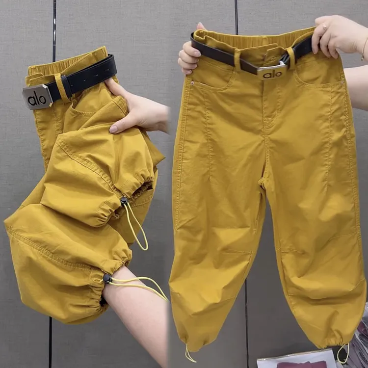 休闲高腰束脚夏季新款两穿2025工装裤宽松哈伦时尚显瘦薄款九分裤