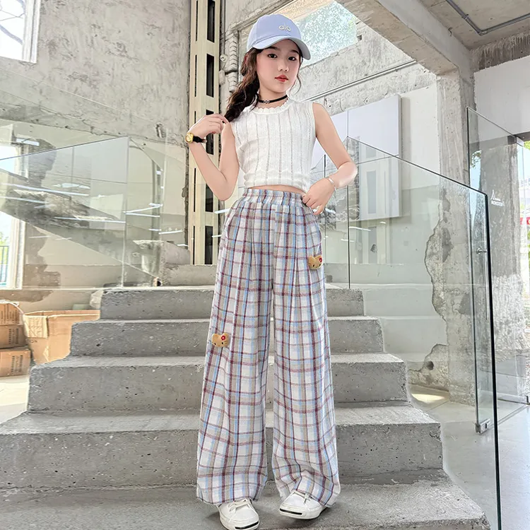 设计感可拆卸公仔阔腿裤2025新款夏季格子休闲裤女童直筒拖地裤