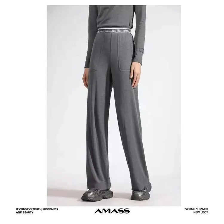 AMASS/阿玛施新款女装深呼吸字母腰头莱翻边腰头针织直筒长裤