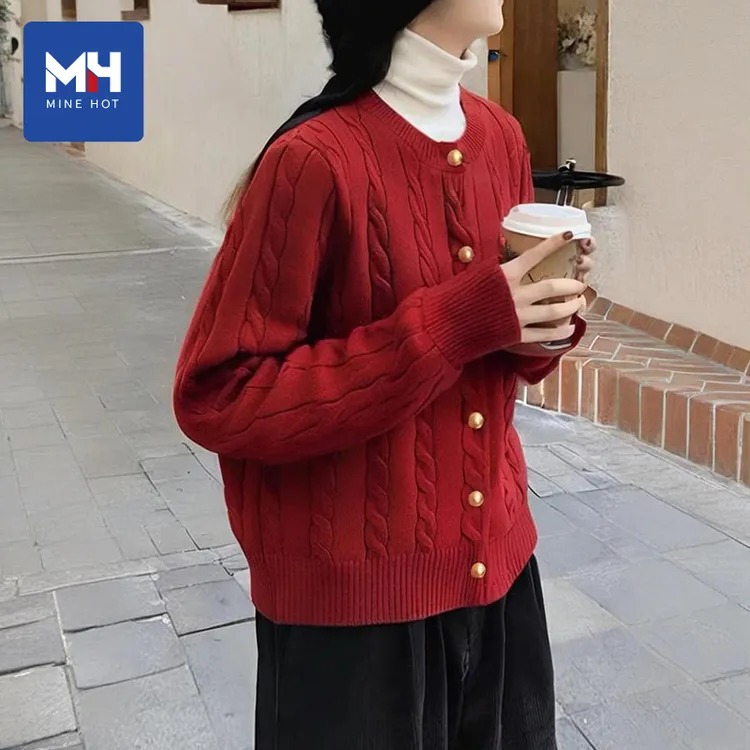 唐狮集团MH红色小香风开衫毛衣女秋冬2025新款针织上衣本命年外套