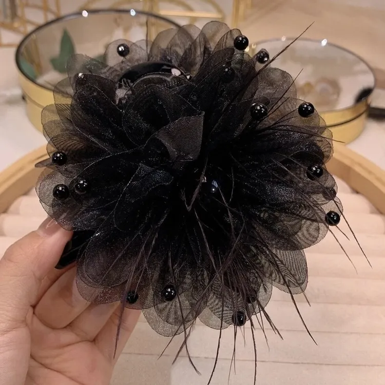 简约黑色时尚夹水貂毛后脑勺发夹日系甜美设计感羽毛装饰鲨鱼饰品