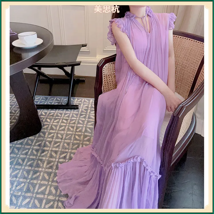 III夏季新款紫雾梦幻绝美小众法式宫廷公主风超仙长裙遮肉连衣裙I