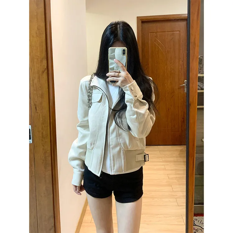 卡其色短款麂皮外套女2025秋季新款美式复古机车休闲百搭夹克上衣