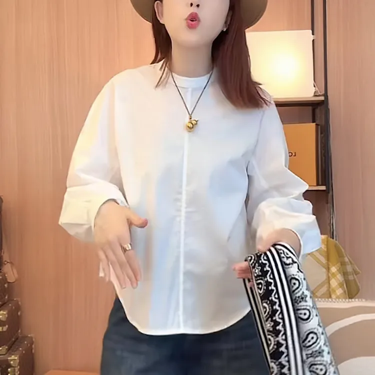2025秋季新款女白色长袖衬衫轻奢高级感洋气减龄休闲显瘦立领上衣