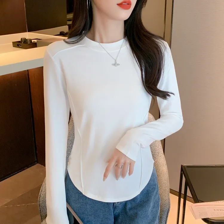 春秋新款内搭设计感正肩T恤修身鱼骨上衣外穿显瘦长袖打底衫洋气