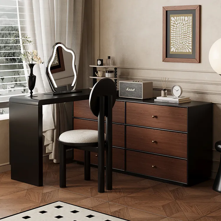 梳妆台卧室复古风家用实木化妆桌胡桃木中古风梳妆台斗柜一体