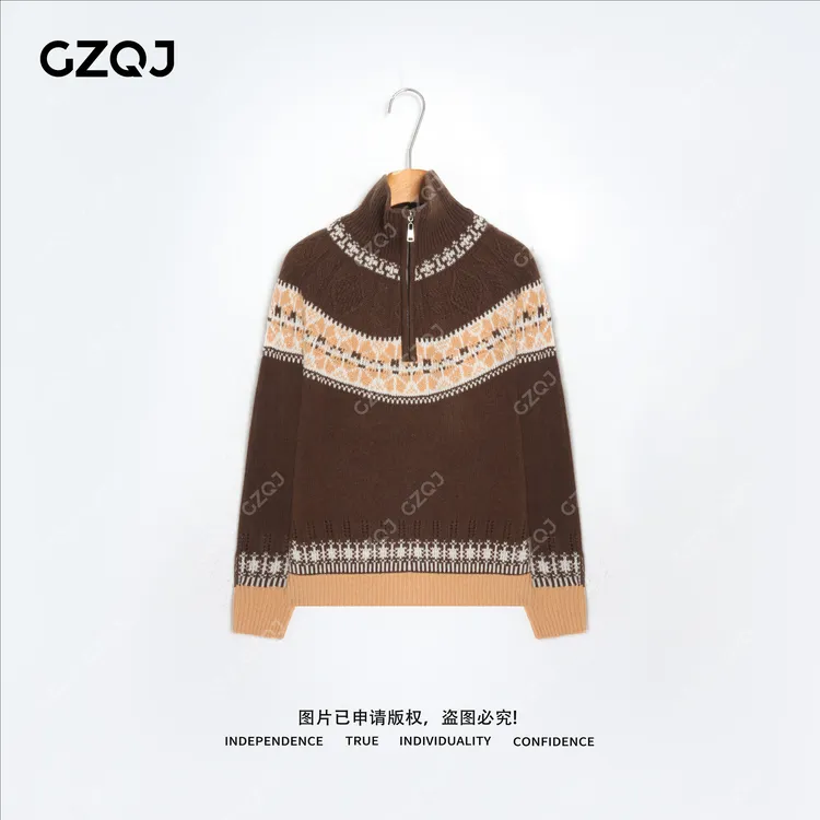 老琴私服【摩卡森林】100羊毛费尔岛提花半拉链毛衣套头女冬款 6564