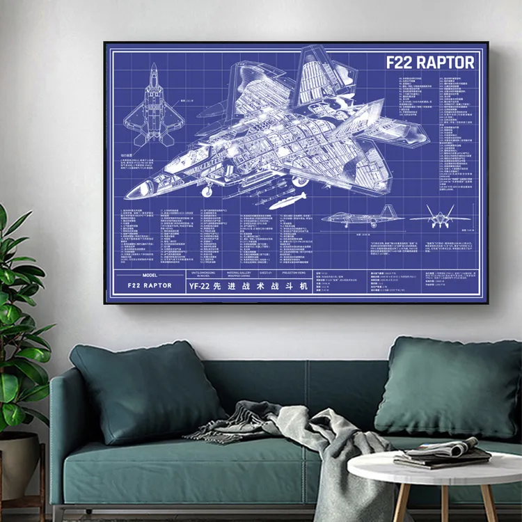 工业风F22猛禽战斗机线稿装饰画现代简约军迷墙壁画卧室客厅挂画