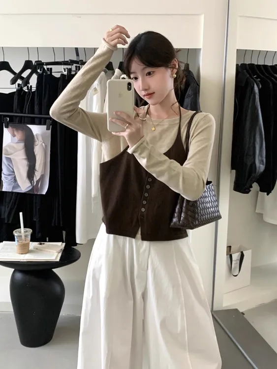 假两件挂脖长袖针织衫上衣秋季挂脖假两件针织小衫女上衣I6-11