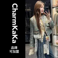 【晚荷聆雨】63272格子香风外套大码胖MM