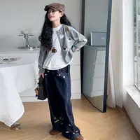 【Maila童装】女童卡通毛衣叠穿花边背心三件套春秋牛仔阔腿裤套装