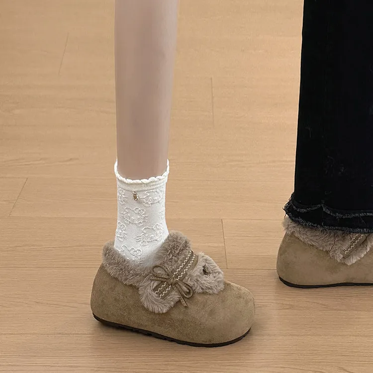 OJRZ内增高厚底毛毛勃肯单鞋女2025冬新款蝴蝶结保暖百搭舒适棉鞋