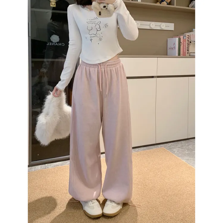 胖MM冬季加绒加厚宽松直筒束脚两穿休闲裤