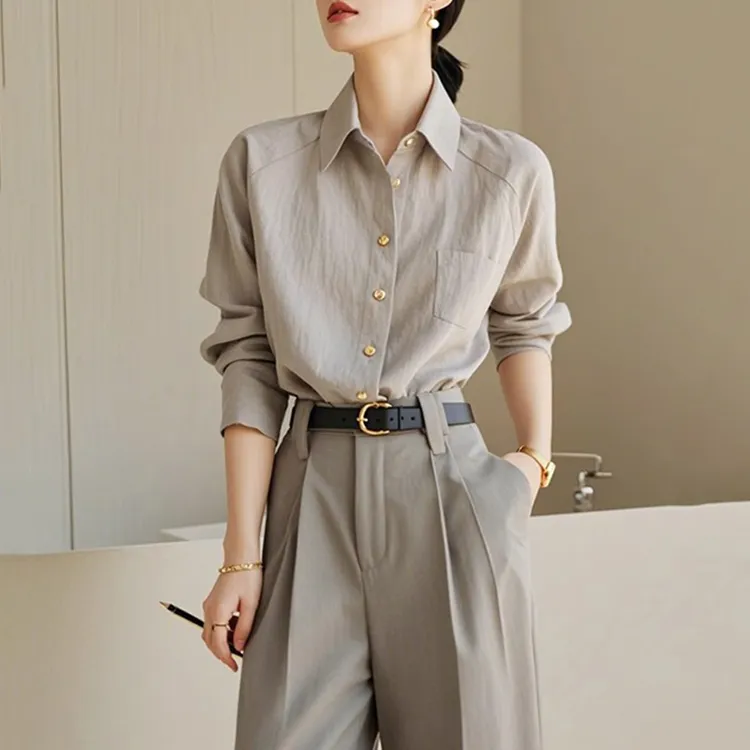 法式简约百搭Polo领长袖衬衫女春季新款妈妈百搭气质裤子两件套装