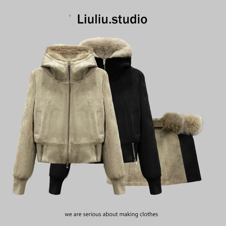 LiuLiu定制【奶杏锁温】设计师皮毛一体保暖外套+显瘦半身裙套装
