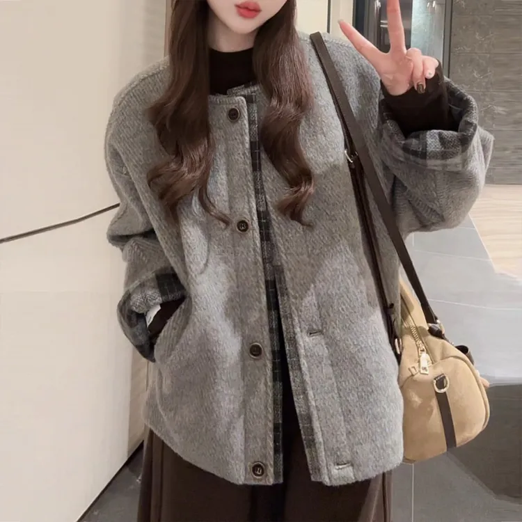 极简风穿搭一整套女装秋冬格子拼接夹棉短款外套加绒阔腿裤两件套