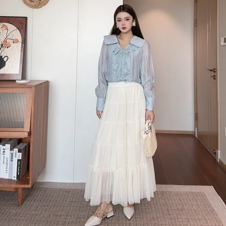 法式网纱裙女春夏松紧腰半身裙五层长裙仙女裙子高腰时尚拼接