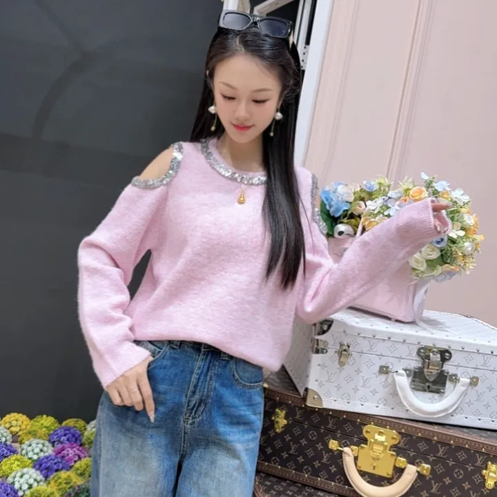 法式网红露肩针织衫女秋冬长袖软糯亮片百搭时尚温柔风套头毛衣