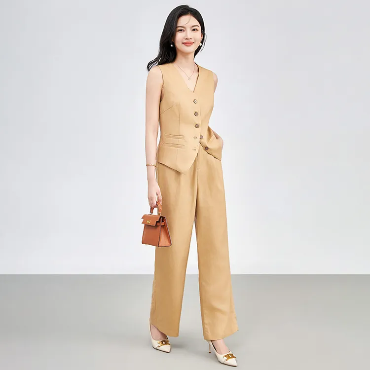 -高档亚麻时尚套装老钱风马甲+直筒长裤两件套装品质感新气质