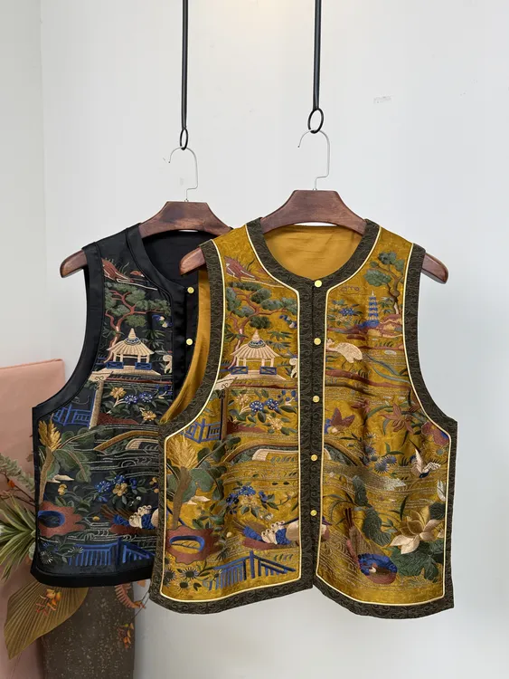 大码香云纱重工绣花「拼接」马甲