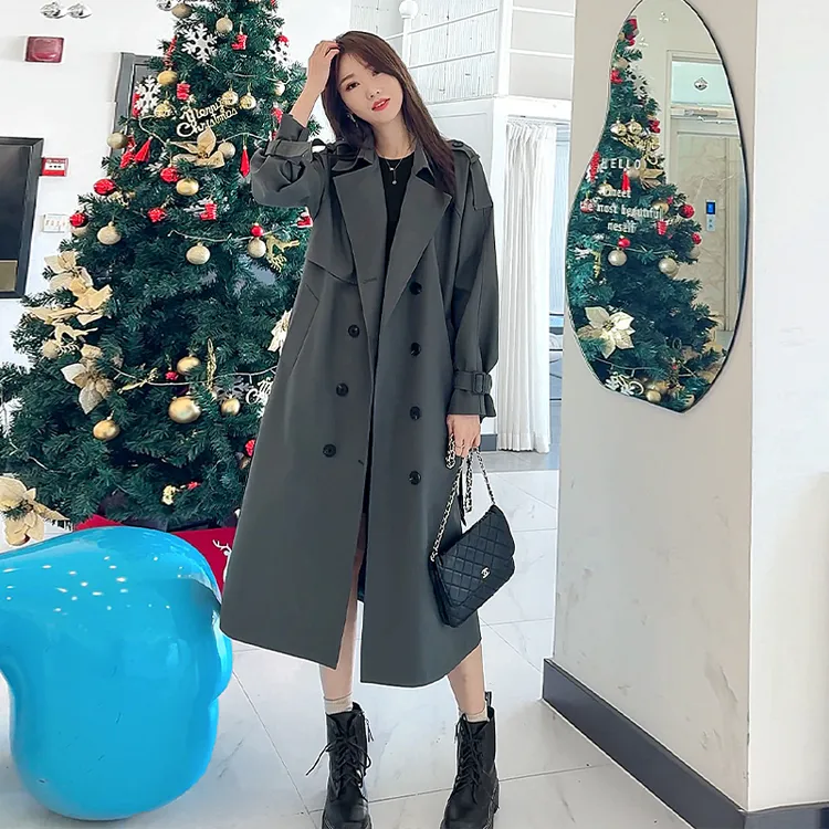 高级感灰色风衣外套女2025春秋新款韩系大衣长款大码女装胖mm