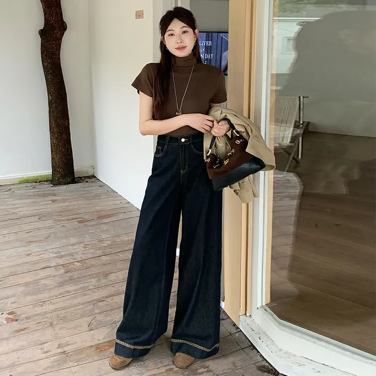 百搭黑金色牛仔阔腿裤女2025秋季新款设计感高腰弹力拖地牛仔裤女