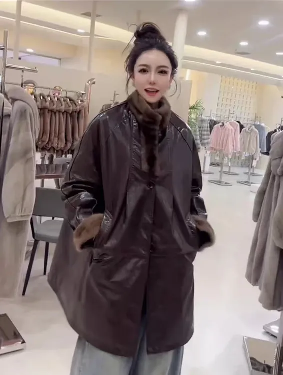 韩版宽松真皮鹅绒服皮衣女中长款油蜡皮貂毛领厚款时尚显瘦外套潮