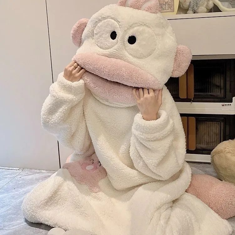 大嘴丑鱼睡衣秋冬季加绒加厚长款睡袍卡通情侣搞怪连体家居服yw