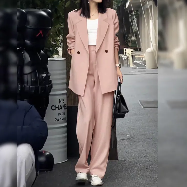 大码女装西装阔腿裤两件套春秋胖mm休闲宽松粉色气质西服西裤套装
