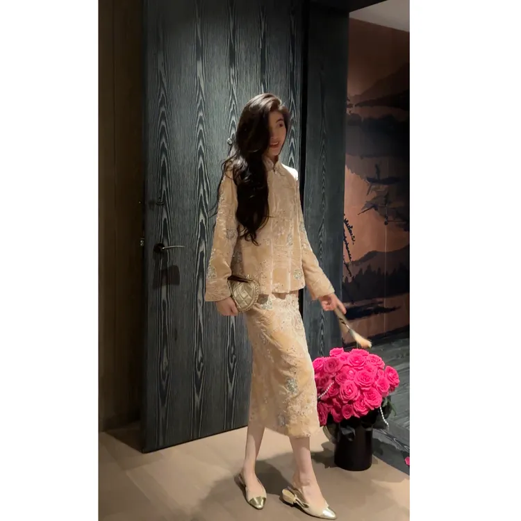 N.COU妮蔻25冬新款新中式国风设计感轻奢重工钉珠丝绒套装DY23256