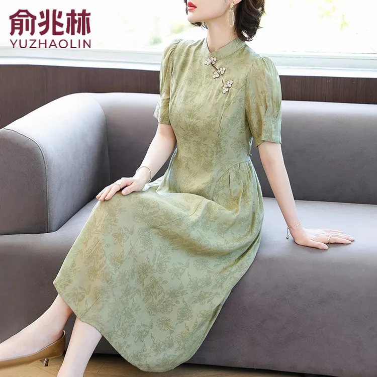 俞兆林年轻妈妈夏装新中式连衣裙优雅气质中老年女装短袖改良旗袍