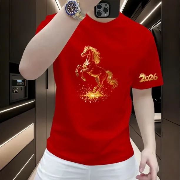 2026年男版红色纯棉马年印花短袖圆领男士潮流百搭打底衫上休闲
