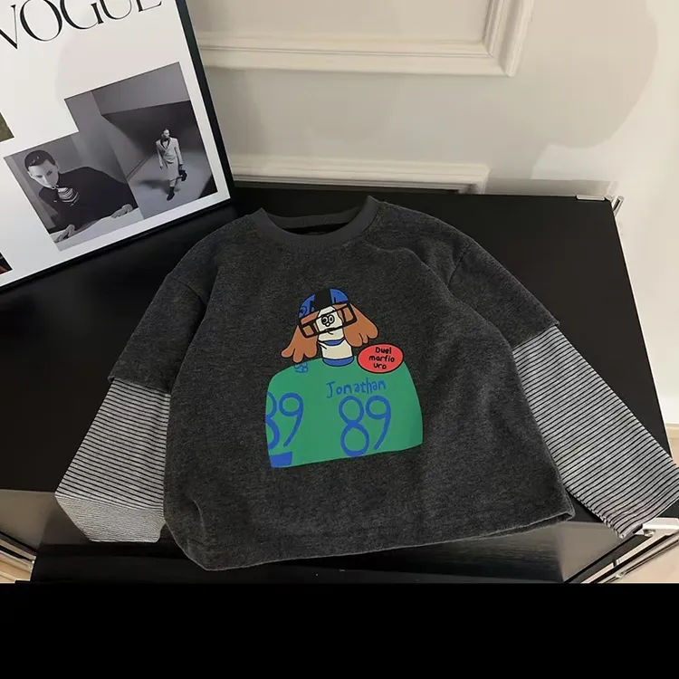 男童秋装长袖T恤2025新款儿童春秋款卡通假两件打底衫男孩春装潮