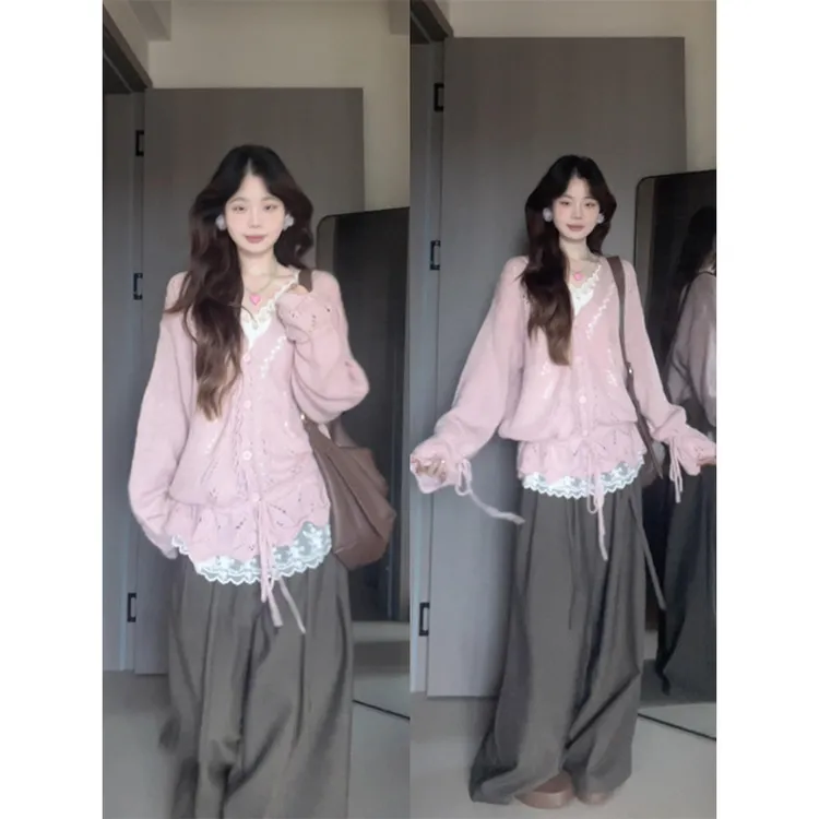 MARIE.COCO温柔风紫色镂空针织开衫蕾丝拼接内搭阔腿裤秋季三件套