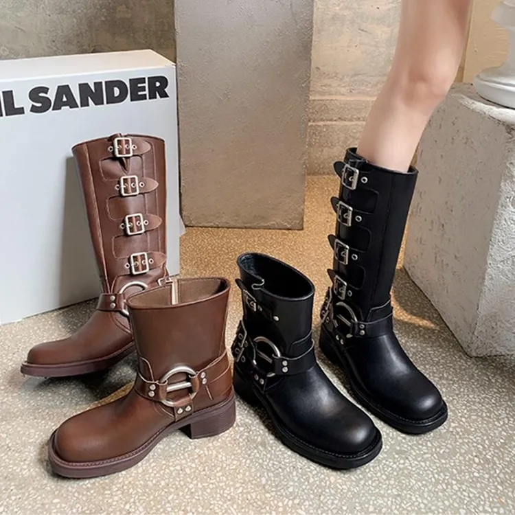 D棕色复古骑士靴西部牛仔靴粗跟皮带扣不过膝高筒长靴辣妹风女
