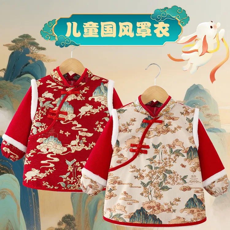 儿童中国风罩衣男宝女宝新春拜年服秋冬季男孩唐装女孩喜庆反穿衣